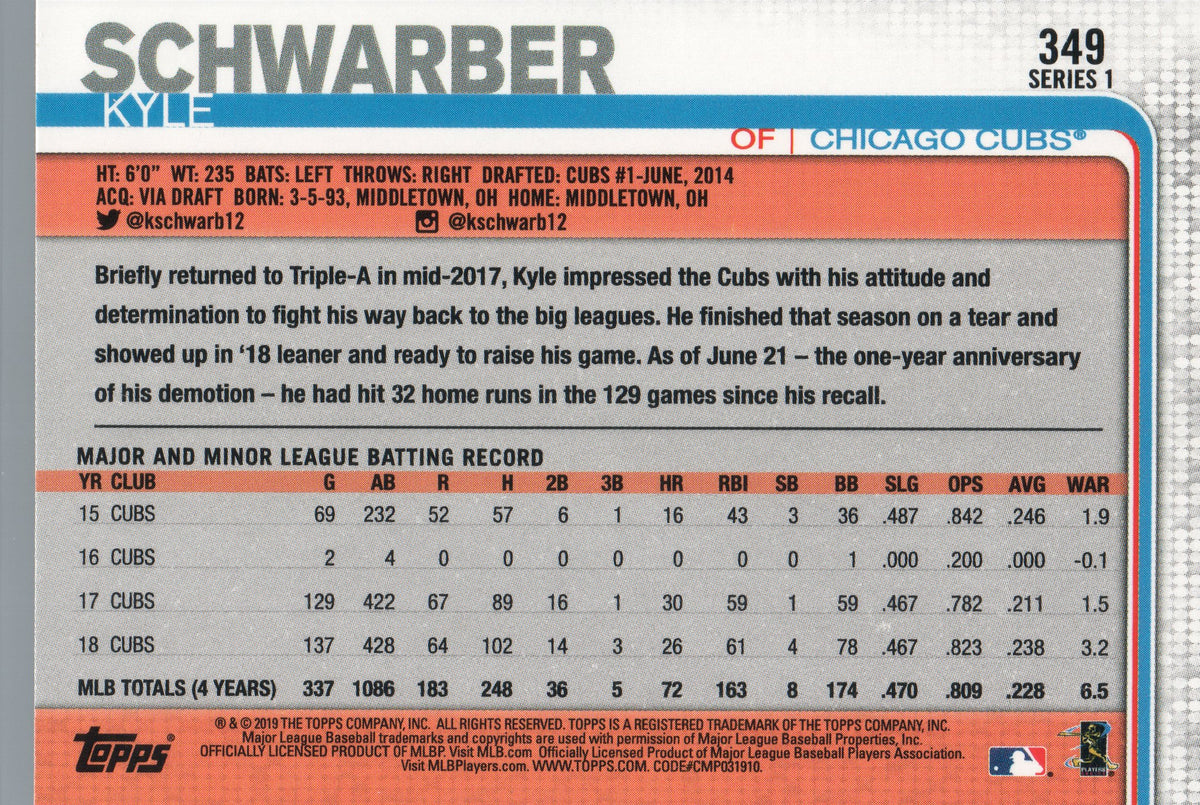 Kyle Schwarber 2019 Topps Baseball Card 349 Chicago Cubs