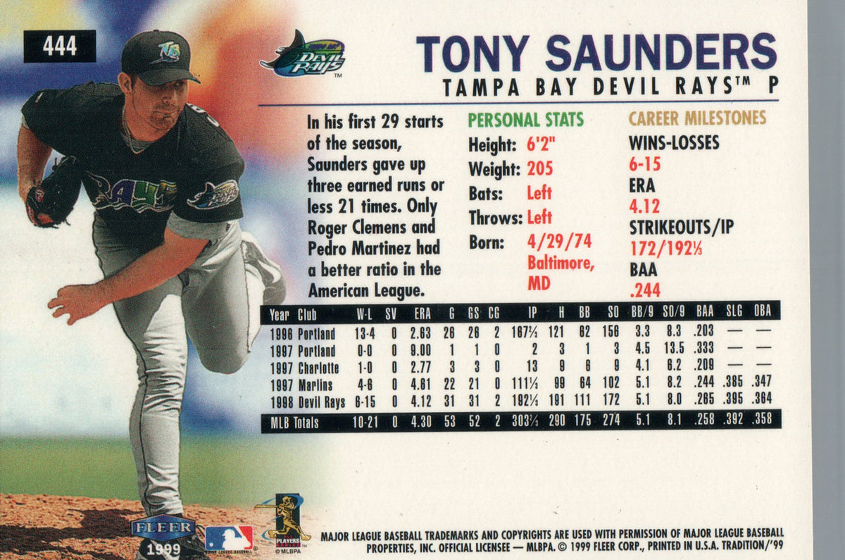 444 Tony Saunders Tampa Bay Devil Rays 1999 Fleer Tradition Baseball –  GwynnSportscards