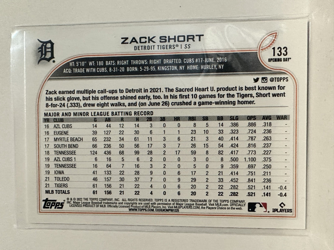 133 Zack Short Detroit Tigers 2022 Topps Opening Day Baseball Card –  GwynnSportscards