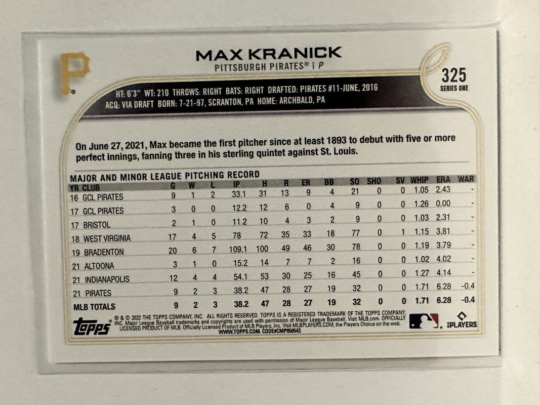 2022 Topps Max Kranick Rookie #325 Pittsburgh Pirates Baseball Card