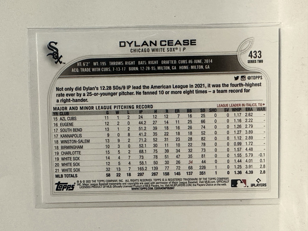 Chicago White Sox: Dylan Cease 2022 - Officially Licensed MLB