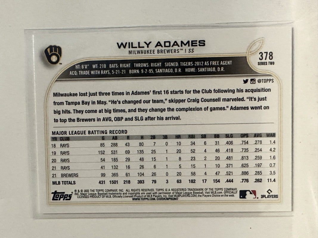 2022 Topps Willy Adames #378 Milwaukee Brewers