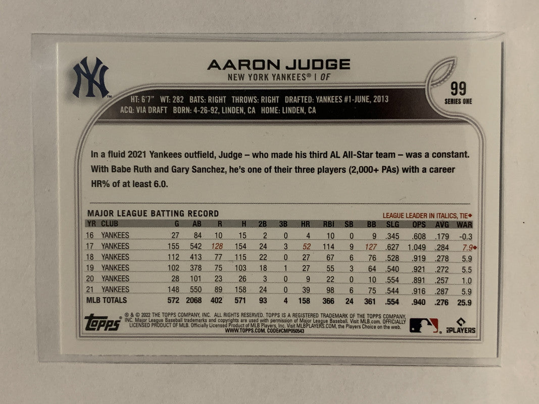  2022 Topps #99 Aaron Judge New York Yankees Series 1