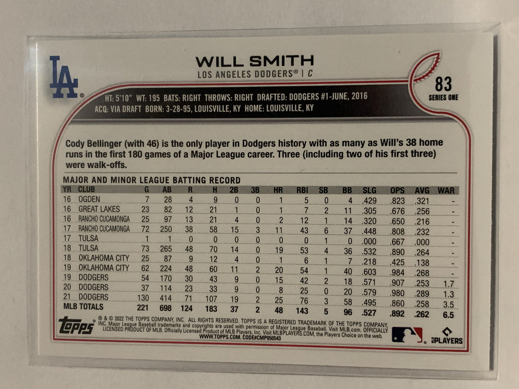 Will Smith 2022 Topps Series 1 Baseball Card #83 Los Angeles Dodgers