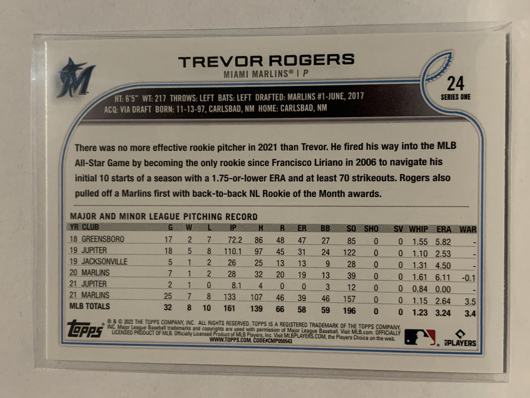 Trevor Rogers 2022 Topps Series 1 Miami Marlins #24 Card