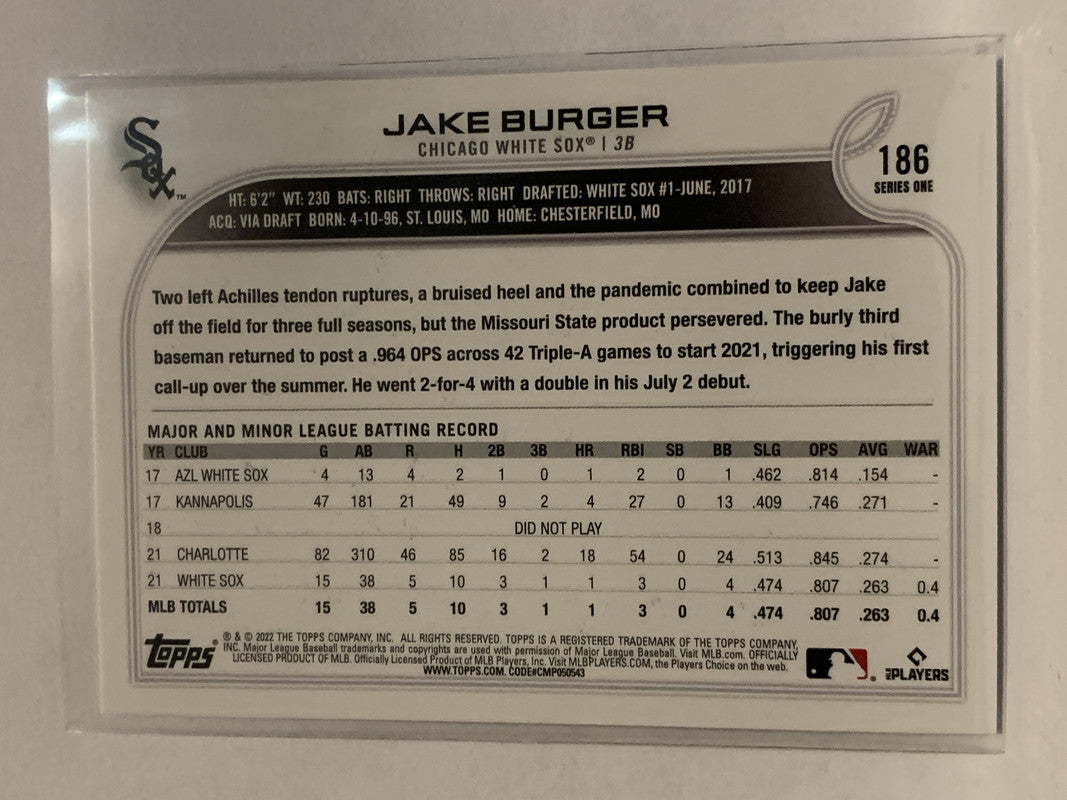  2022 TOPPS #186 JAKE BURGER RC WHITE SOX BASEBALL MLB