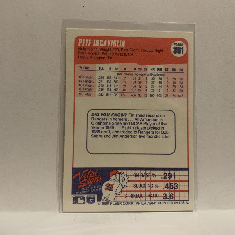 Pete Incaviglia Signed 1990 Fleer Card #301 Texas Rangers