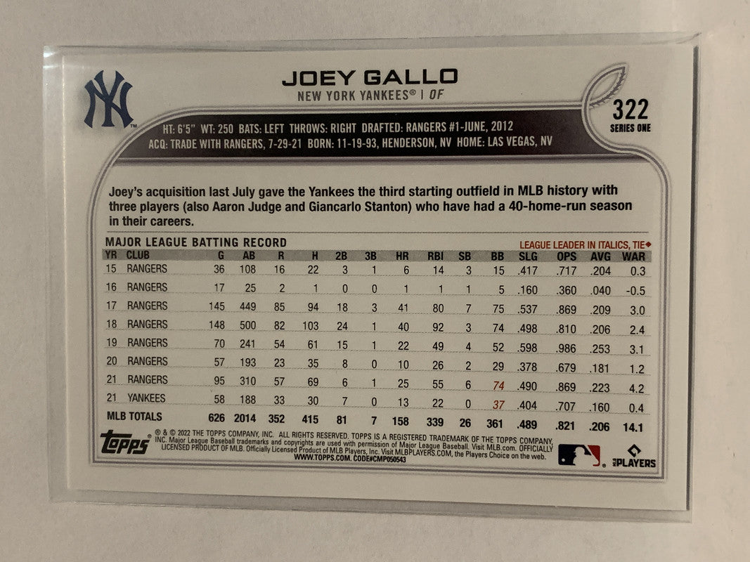  2022 TOPPS #322 JOEY GALLO YANKEES BASEBALL MLB
