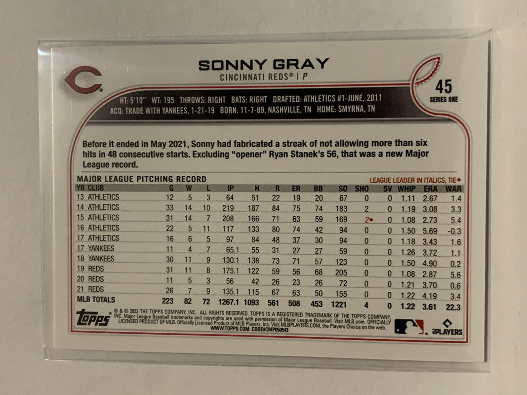 2022 Topps Series 1 Base #45 Sonny Gray - Cincinnati Reds