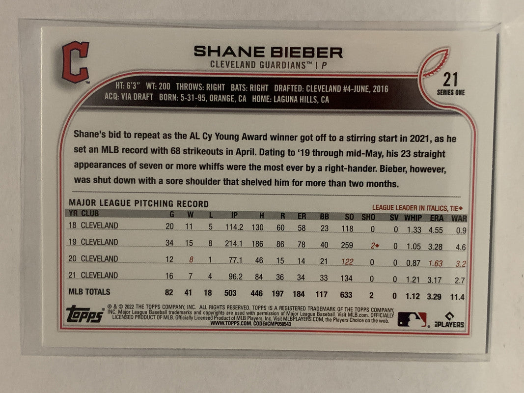 21 Shane Bieber Cleveland Guardians 2022 Topps Series One Baseball