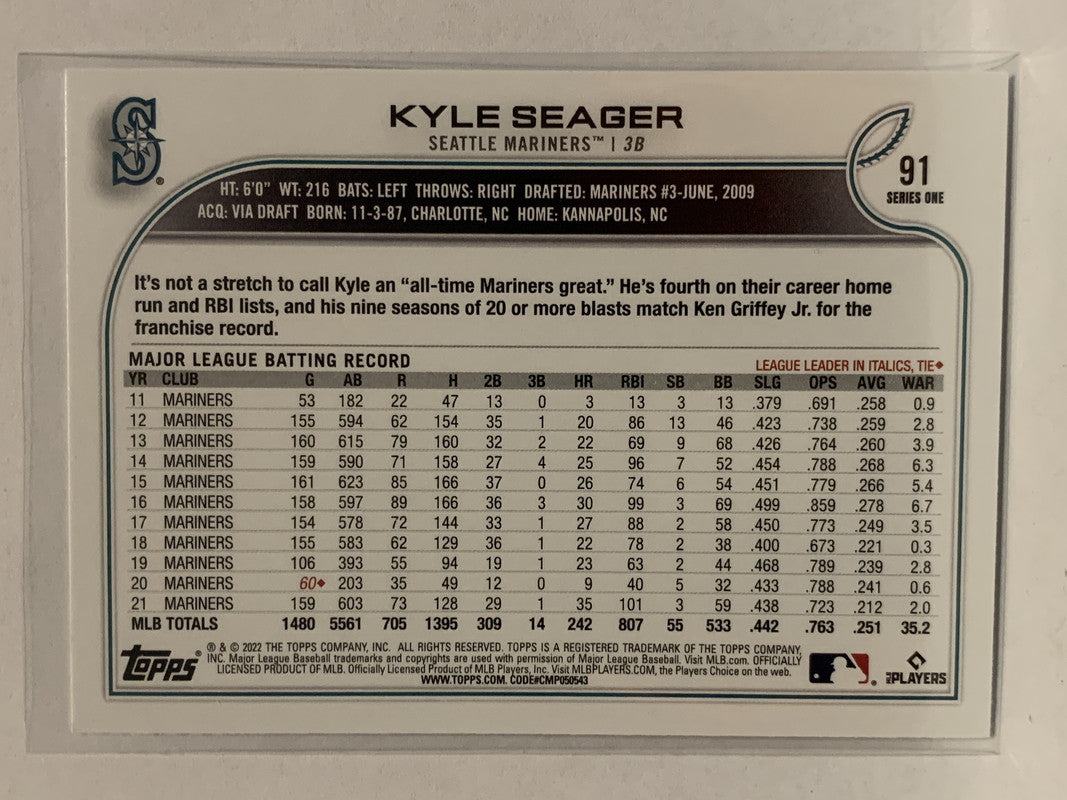 91 Kyle Seager Seattle Mariners 2022 Topps Series One Baseball