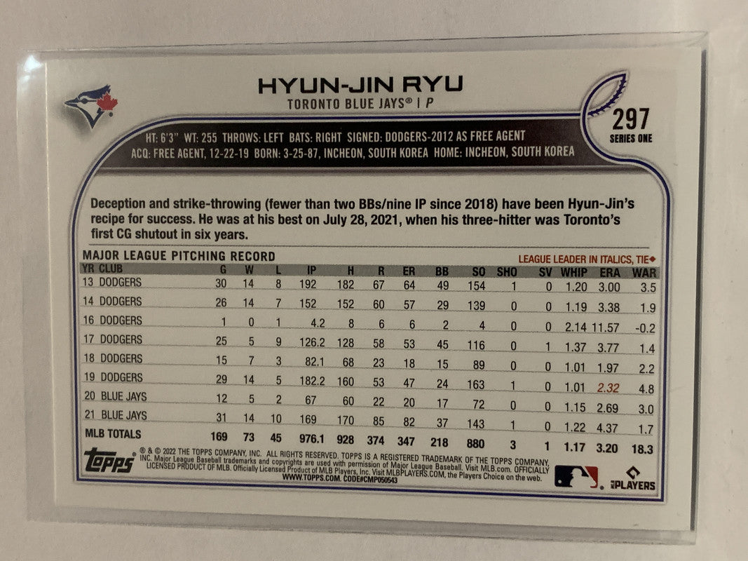 2022 Topps Hyun-Jin Ryu #297 Toronto Blue Jays -11M