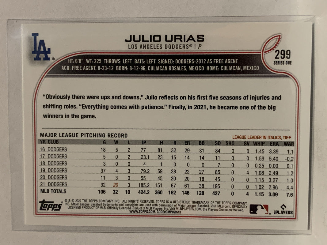  2022 Topps #299 Julio Urias Los Angeles Dodgers