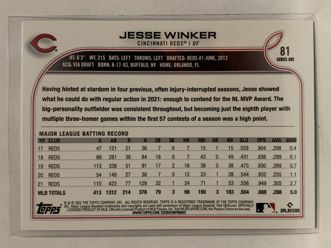 Jesse Winker 2022 Topps Series 1 Baseball Card #81 - Cincinnati Reds