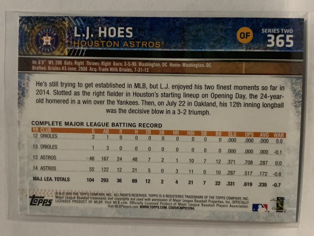 LJ HOES 2015 TOPPS GOLD /2015 SERIES 2 #365 ASTROS