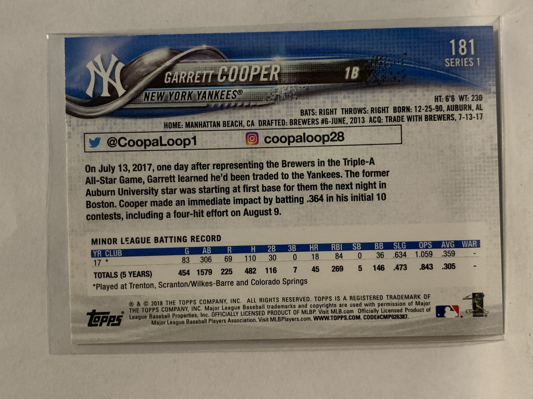 2018 Topps #181 Garrett Cooper YANKEES Rookie