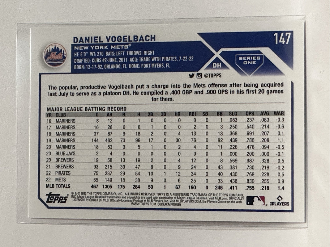 Daniel Vogelbach New York Mets 2023 Topps Baseball player card mounted on a  “4 x “6 black marble plaque at 's Sports Collectibles Store