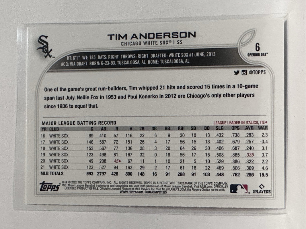 6 Tim Anderson Chicago White Sox 2022 Topps Opening Day Baseball Card –  GwynnSportscards