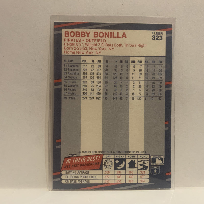 Bobby Bonilla 1988 Fleer #323 Pittsburgh Pirates Baseball Card