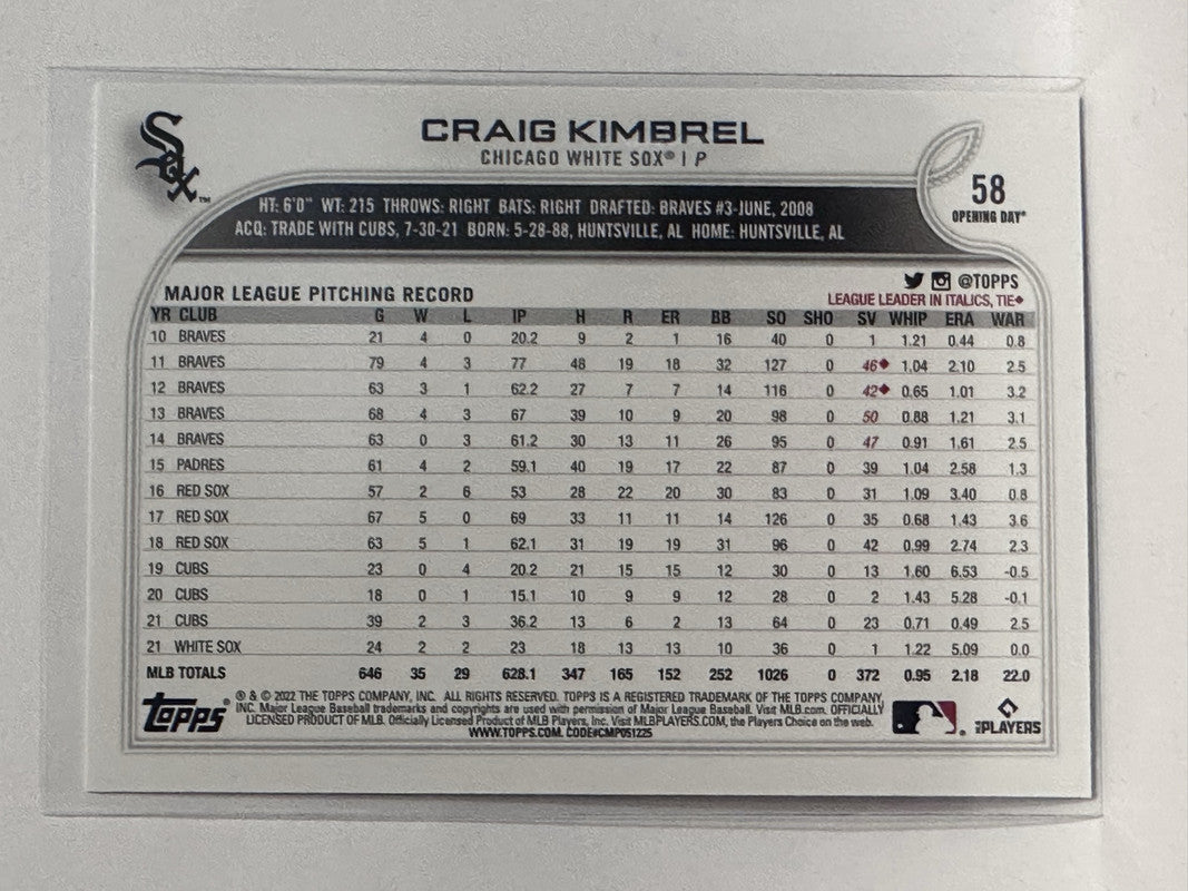2022 Topps Opening Day #58 Craig Kimbrel - Chicago White Sox