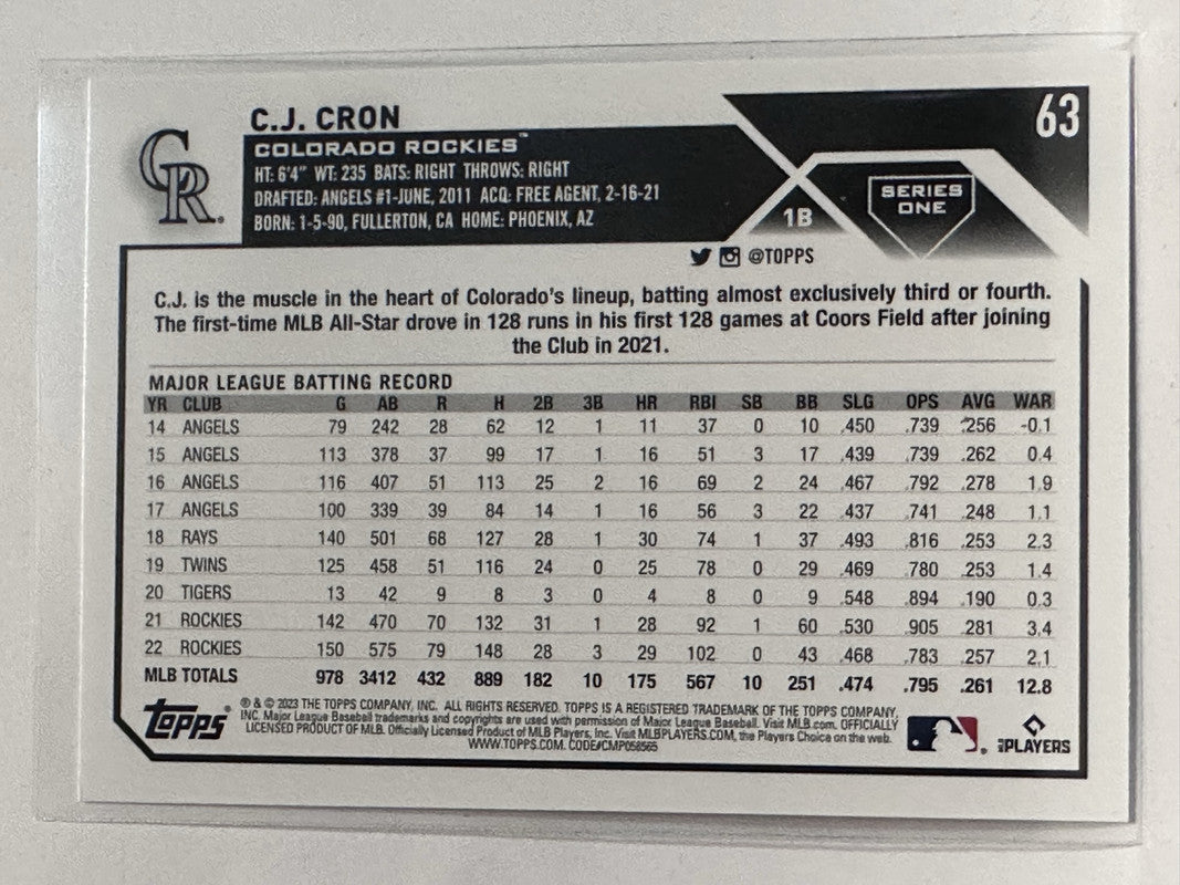 2023 Topps Series 1 C.J. Cron #63 Colorado Rockies Baseball Card