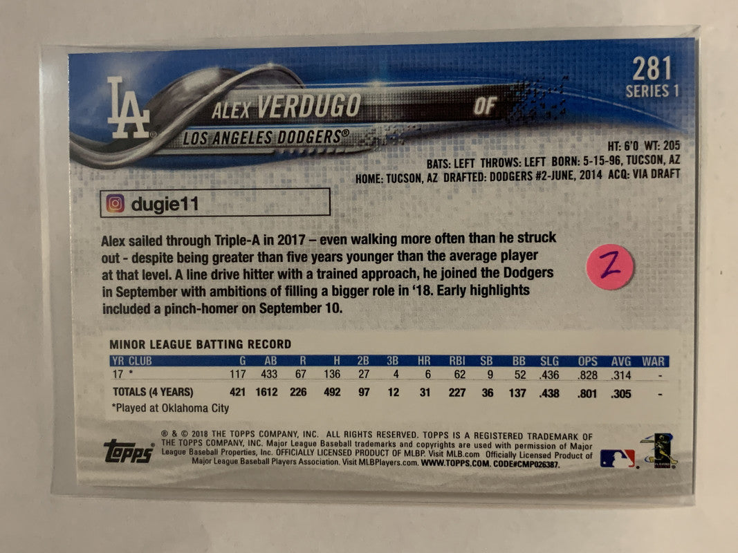 2018 Topps #281 Alex Verdugo RC Rookie Los Angeles Dodgers