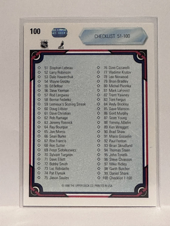 #100 Checklist  90-91 Upper Deck Hockey Card