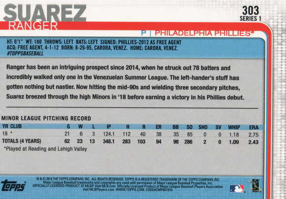  2019 TOPPS #303 RANGER SUAREZ RC PHILLIES BASEBALL