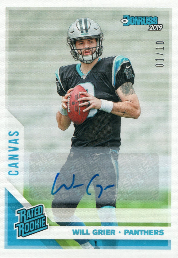 #305 Will Grier Autograph 1/10 Rated Rookie Carolina Panthers 2019 Donruss Football  Card