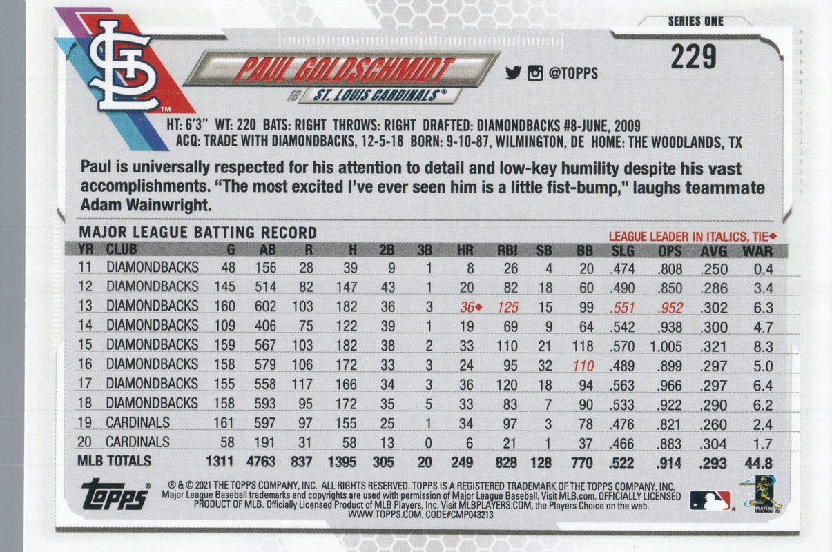 2021 Topps # 229 Paul Goldschmidt St. Louis  