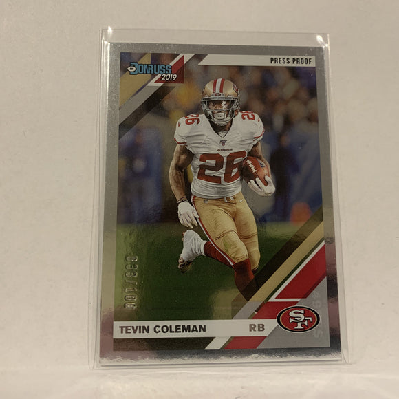 #20 Tevin Coleman San Francisco 49ers 33/100 Silver Press Proof 2019 Donruss Football Card AO