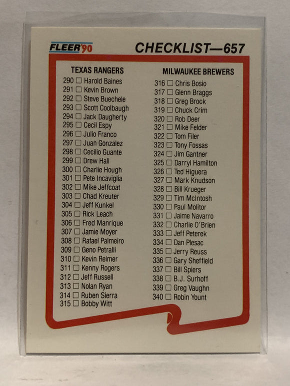 #657 Checklist  1990 Fleer Baseball Card